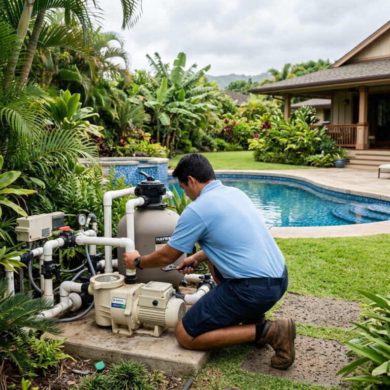 Pool technician crouching behind residential pool equipment pad