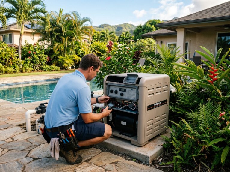 Pool technician inspecting an outdoor pool heater unit