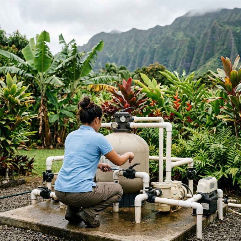 Pool technician servicing a pump at the equipment pad