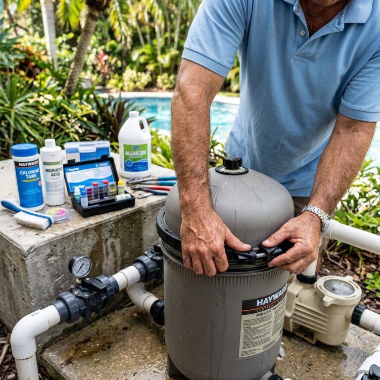 Hands opening a residential pool filter housing