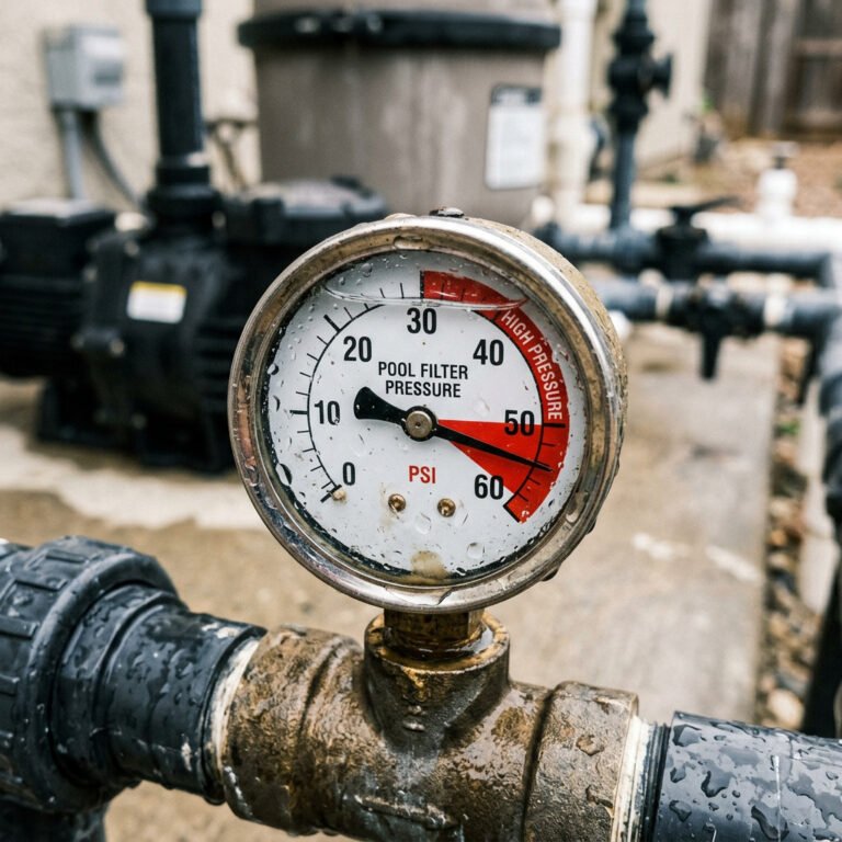 Close-up of a pool filter pressure gauge