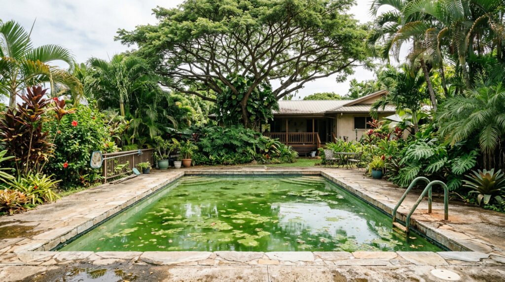Green algae-covered swimming pool in a residential Oahu backyard
