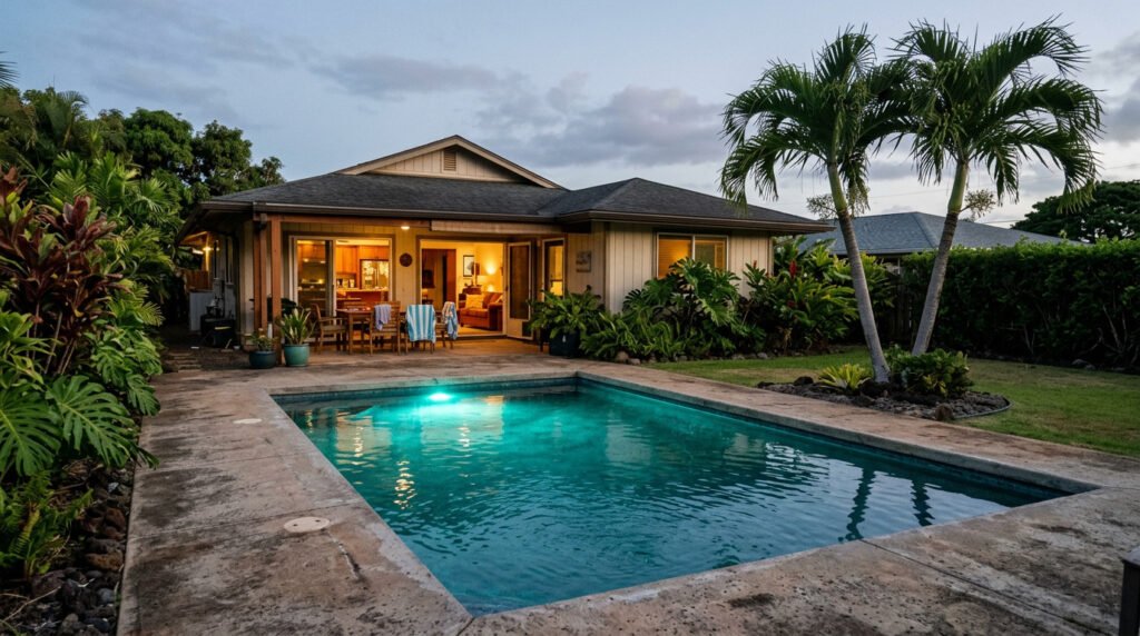 Residential swimming pool at dusk with underwater lighting on Oahu