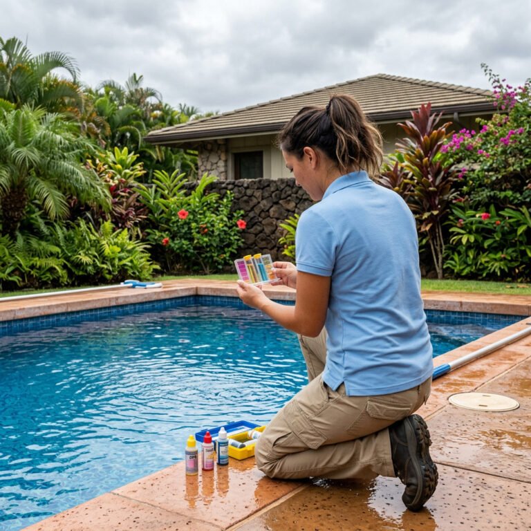 Licensed pool technician kneeling at a residential pool edge on Oahu