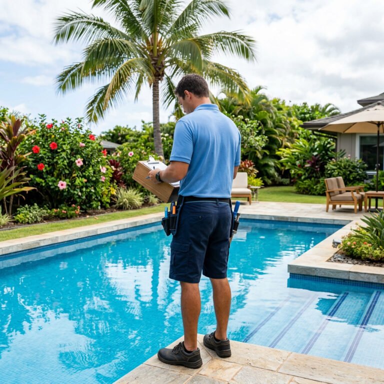 Licensed pool technician standing at the edge of a residential Oahu pool