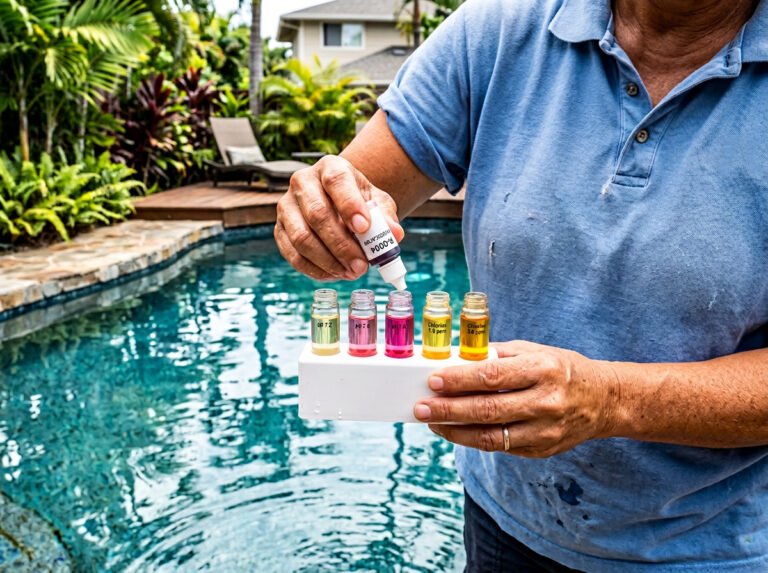 Pool technician testing water chemistry with a test kit at a residential pool