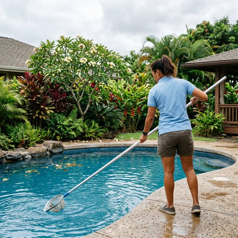 Pool service technician skimming a residential swimming pool on Oahu